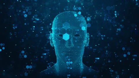 Digital artificial intelligence portrait transparent blue face, connected networ Stock Footage 340548980