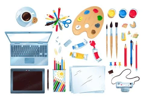 Digital artist workplace with computer Stock Illustration