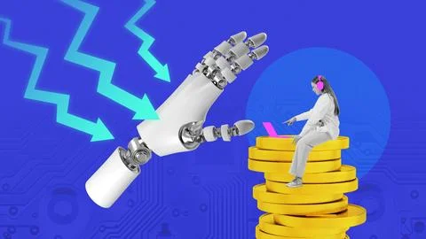 Digital artwork. 3D robot hand reaching toward focused woman on laptop sitting 写真素材