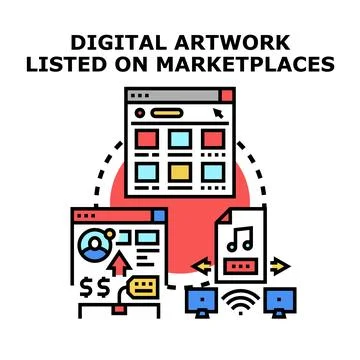 Digital artwork creation listing on online marketplaces Stock Illustration