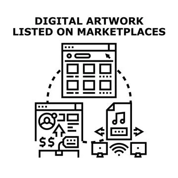 Digital artwork creation listing on online marketplaces Stock Illustration