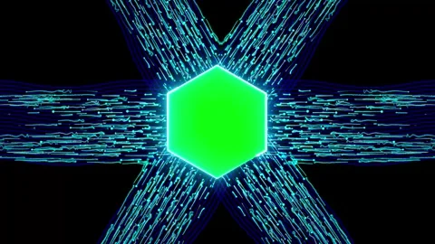 Digital artwork features glowing green hexagon surrounded by dynamic blue l.. Stock Footage 333446019