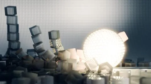 A digital artwork featuring a luminous sphere and cubic elements in an abstract Иллюстрация