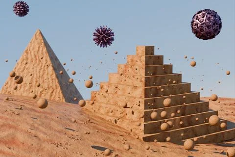 Digital artwork of pyramids with floating spheres Stock Illustration