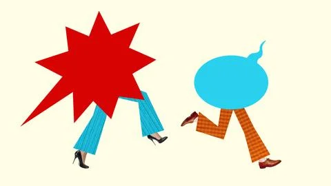 Digital artwork of red star and blue speech bubble characters walking in heels Stock Photos