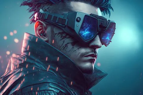 Digital artwork of sci-fi cyberpunk gangster character wearing futuristic gla Stock Illustration