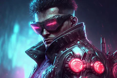 Digital artwork of sci-fi cyberpunk gangster character wearing futuristic gla Stock Illustration
