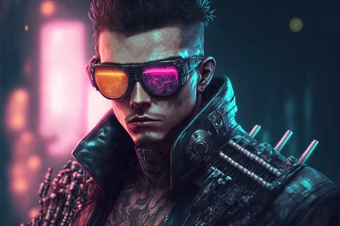 Digital artwork of sci-fi cyberpunk gangster character wearing futuristic g.. イラスト素材