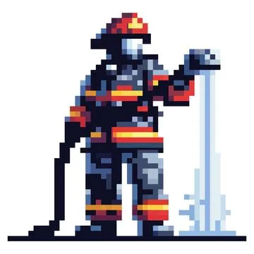 A digital artwork showcases a pixelated firefighter in action, operating a .. Stock Illustration