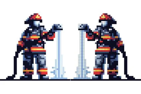A digital artwork showcases a pixelated firefighter in action, operating a .. Stock Illustration