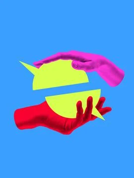 Digital artwork. Two hands holding split speech bubble symbol of dialogue and Stock Photos