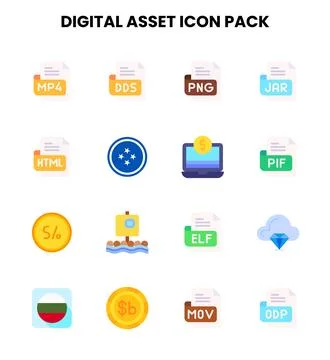 Digital Asset Flat Vector Icons Pack Stock Illustration