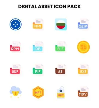 Digital Asset Flat Vector Icons Pack Stock Illustration