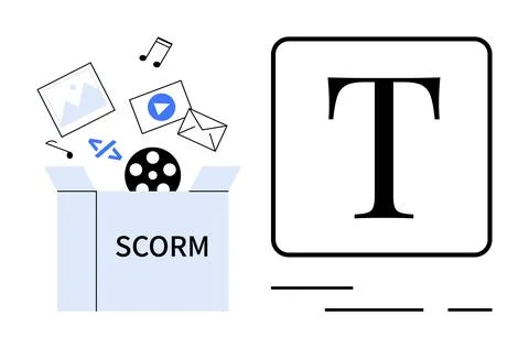 Digital assets like images, video, code, email, and audio emerge from a SCORM Illustrazione stock