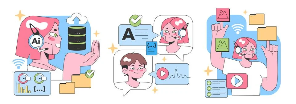 Digital Assistance set. Flat vector illustration. Stock Illustration