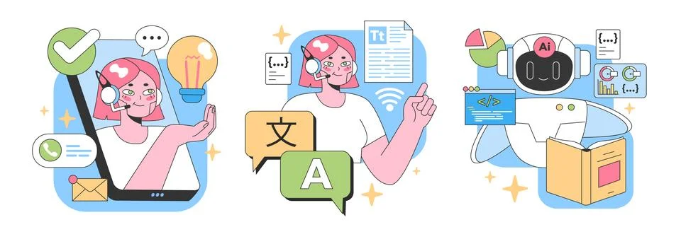 Digital Assistants Unleashed set. Flat vector illustration 스톡 일러스트