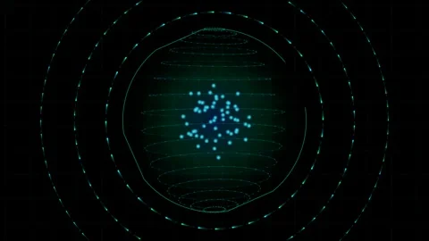 Digital atom model with rotating energy orbits and glowing particles Video stock 345181348