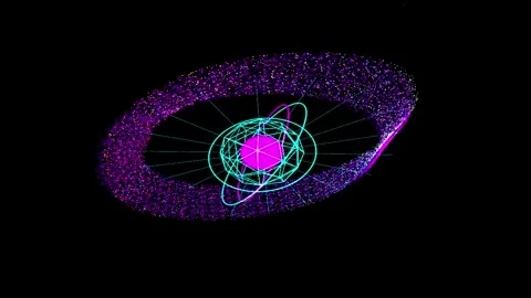 Digital atom model rotating with orbiting electrons in neon light against b.. Stock Footage 345945360