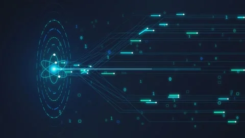 Digital atom visualization with binary code data flow animation. Stock Footage 340808077