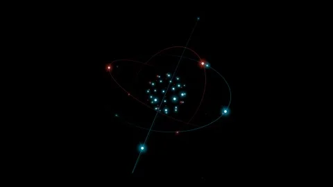 Digital atomic structure model with glowing blue nucleus and orbiting particles  Stock Footage 348932888