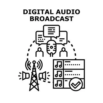 Digital audio broadcast transmitting online content to audience Stock-Illustration