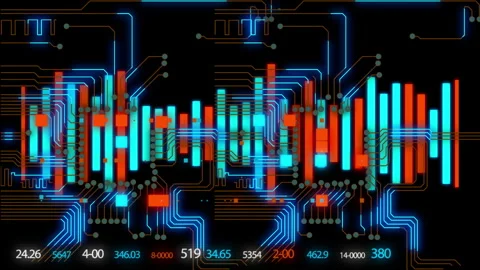Digital audio equalizer with circuit board animation Stock Footage 341466597