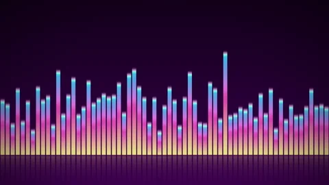 A digital audio equalizer displays pulsing sound waves with vibrant retro neon Stock Footage 344240769