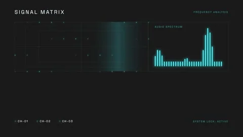 Digital audio frequency spectrum visualization interface on dark tech background Vidéo 343773774