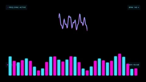 Digital audio frequency spectrum visualizer with pulsing neon Stock-Footage 343881105