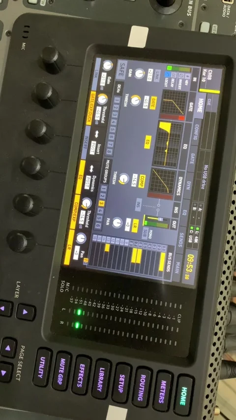 Digital audio mixer interface with level meters and control buttons, used in Stock Footage 337562163