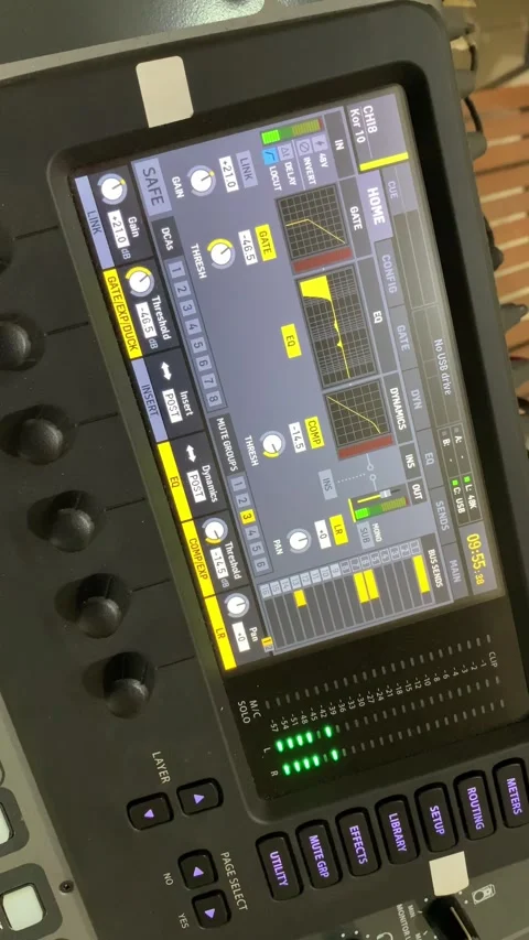 Digital audio mixer interface with level meters and control buttons, used in Stock Footage 337562180