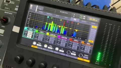 Digital audio mixer interface with level meters and control buttons Stock Footage 339768009