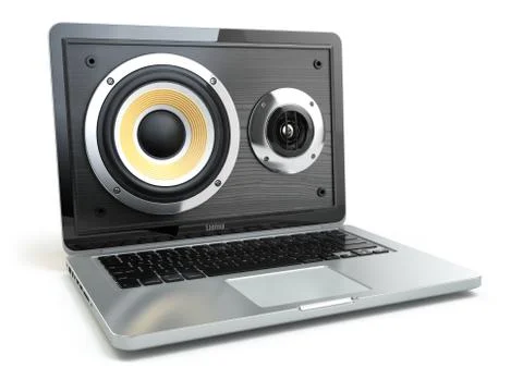 Digital audio or music software concept. Laptop and loudspeaker. Stock Illustration