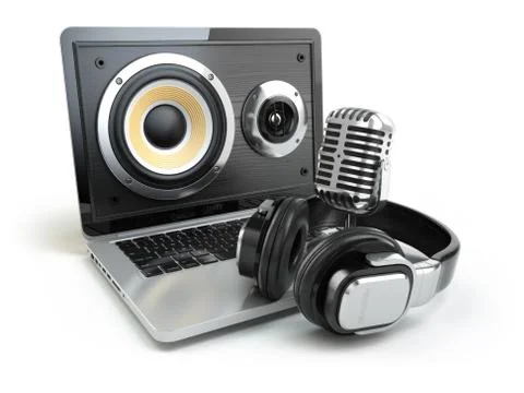 Digital audio or music software concept. Laptop, microphone and loudspeakers. Stock Illustration
