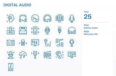 Digital Audio Premium Vector Bundle with 25 64x64 Detail Enhanced Regular L.. Stock Illustration