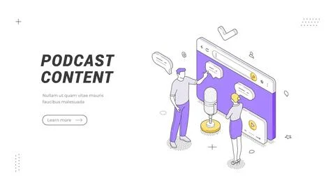 Digital audio streaming and online radio show production isometric banner tem Stock Illustration