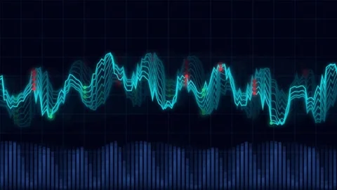 Digital audio wave animation showing frequency spectrum over dark grid back.. 库存影片 343658687
