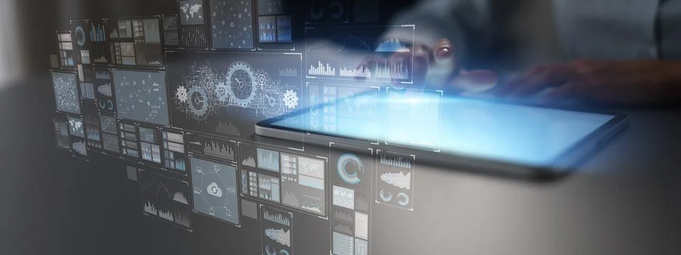 Digital Automation Interface with AI Analytics and Data Visualization Dashboa Stock Photos