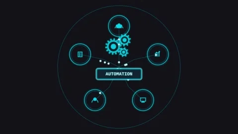 Digital automation network connecting business process icons on dark motion.. Stock Footage 341290045