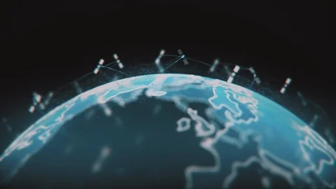 Digital azure model of part of Earth with light lines of satellites orbits Stock Footage 124121339