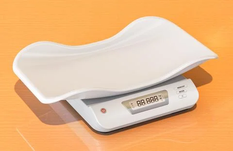 Digital Baby Scale with Safe and Comfortable Tray on the wooden table. 3D r.. Stock Illustration