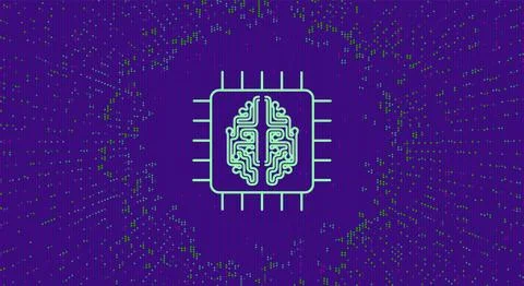 Digital Background with Brain and Microchip Symbol Representing AI-Driven Sof Stock Illustration