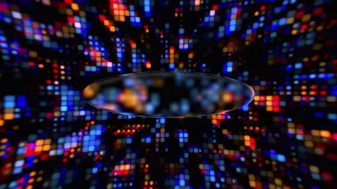 Digital background floating glass lens distorting glowing colorful pixel Video stock 345973020