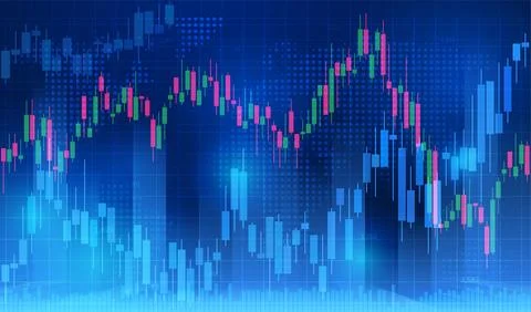 Digital background with Forex charts, neon blue, green and pink candles, and a Stock Illustration