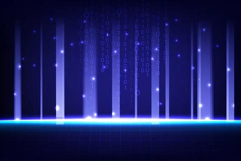 Digital background with glowing vertical lines, binary code and futuristic grid Stock Illustration
