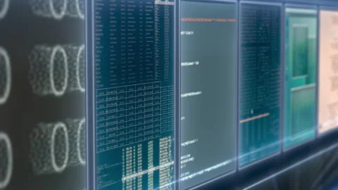 Digital background showing software development environments with code panels, Stock Footage 328704047