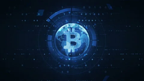 Digital Background Technology Data with Bitcoin Sign and Binary Code Abstract Video stock 117349367
