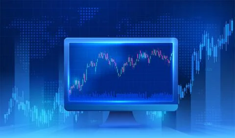 Digital background with a world map, computer monitor, and Forex charts, neon Stock Illustration