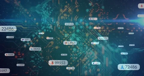 Digital badges sliding in when circuit network pulses, clustering around node Stock Footage 328458045
