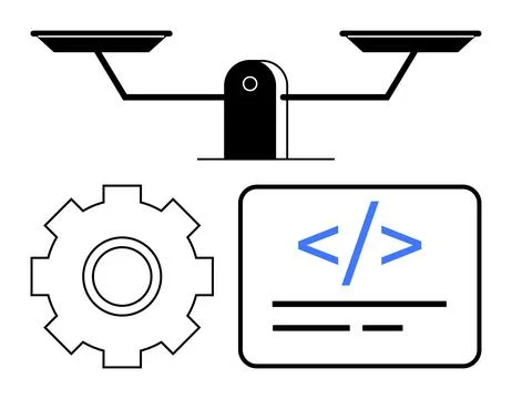 Digital Balance Concept with Coding, Justice, and Engineering Elements Stock Illustration
